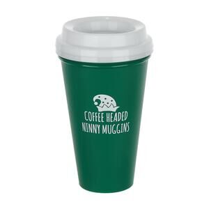 Coffee Headed Ninny Muggins Christmas Plastic Reusable Green Cup & White Lid GUC